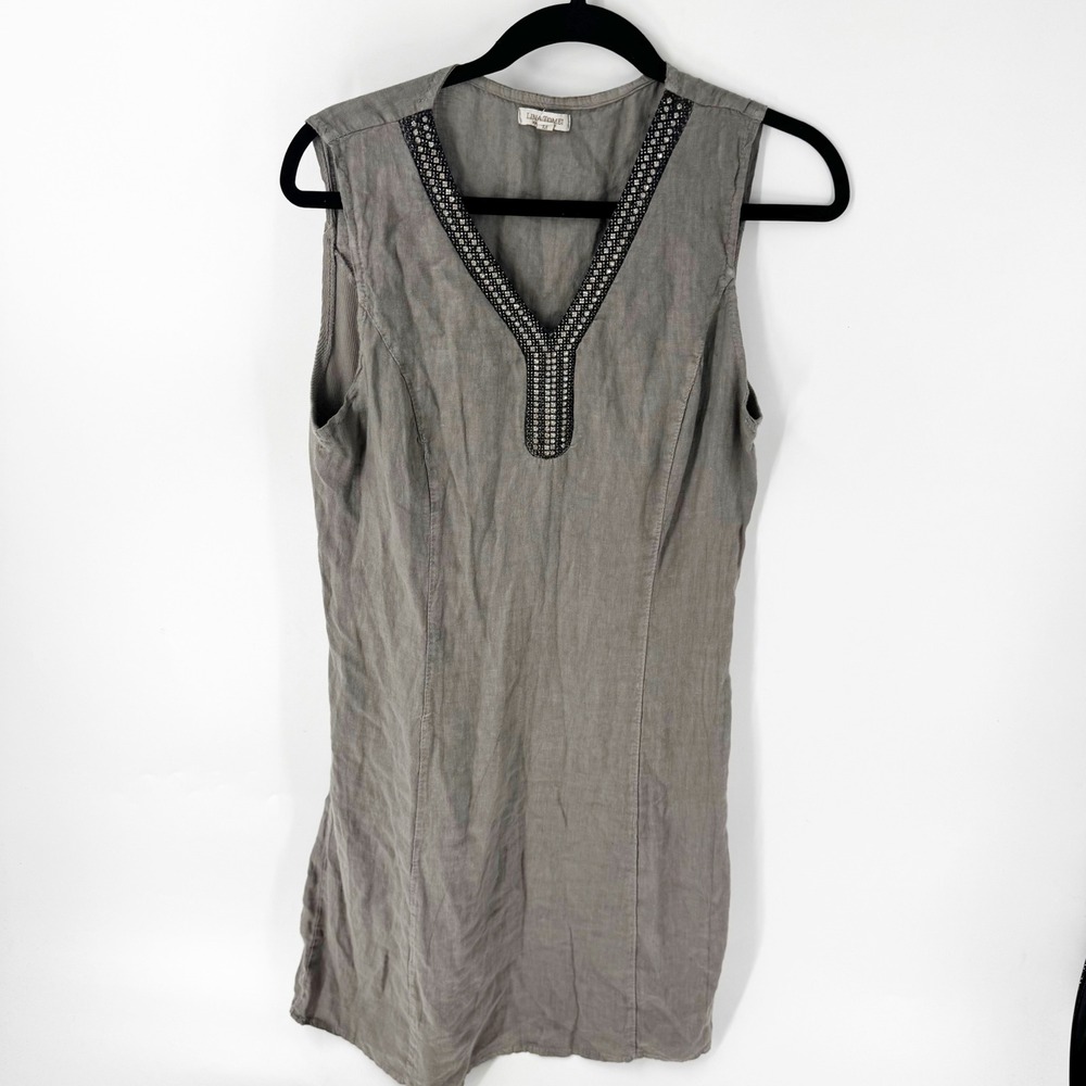 Lina Tomei Italy Linen Rhinestone Embellished Sleeveless Tunic Dress Grey M